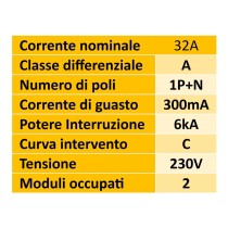Magnetotermico differenziale 32A tipo A 300 mA curva C 1P+N 6kA 2M NB1L2/C32-1PN-6-A300 - Chint